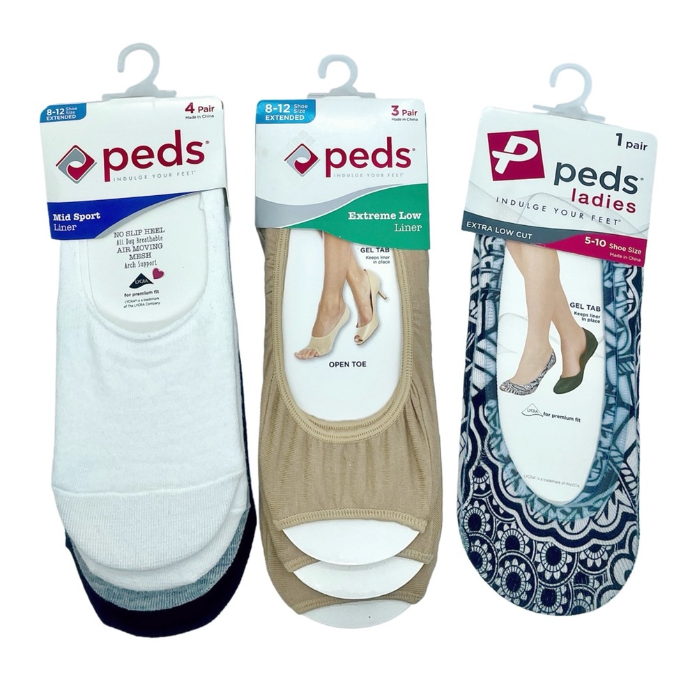 PEDS Bundle of 3 Liners Assorted Styles Mid Sport/Open Toe/Extra Low (8 pairs)